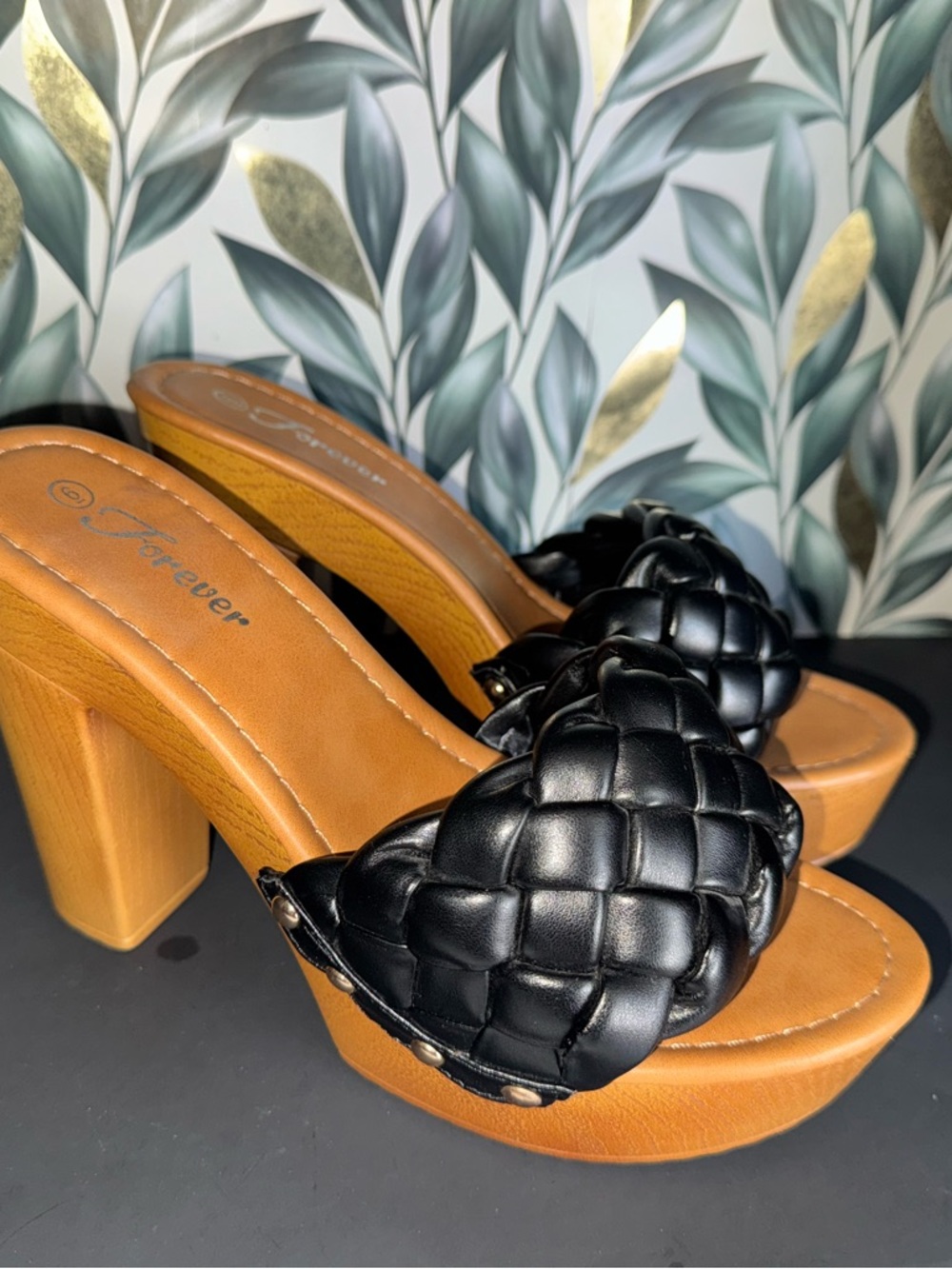 Women’s Black Woven Leather Platform Heel Slide